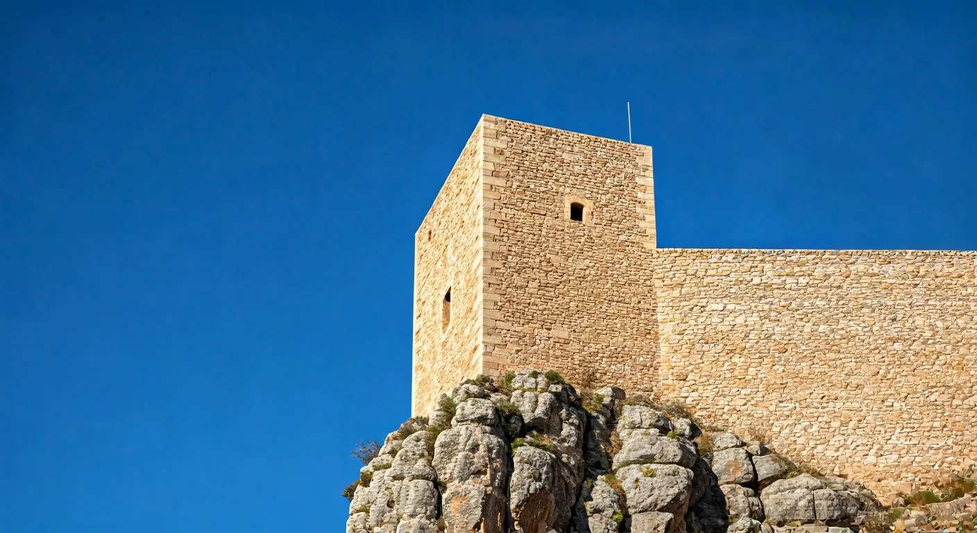 Torre del castillo de Guadalest asomando sobre el peñasco rocoso con cielo azul
