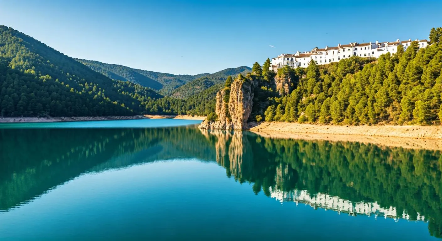 Embalse de Guadalest con aguas turquesas y montañas al fondo en un día soleado