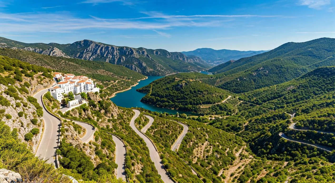 Vista del Valle de Guadalest desde la carretera de montaña con el embalse al fondo