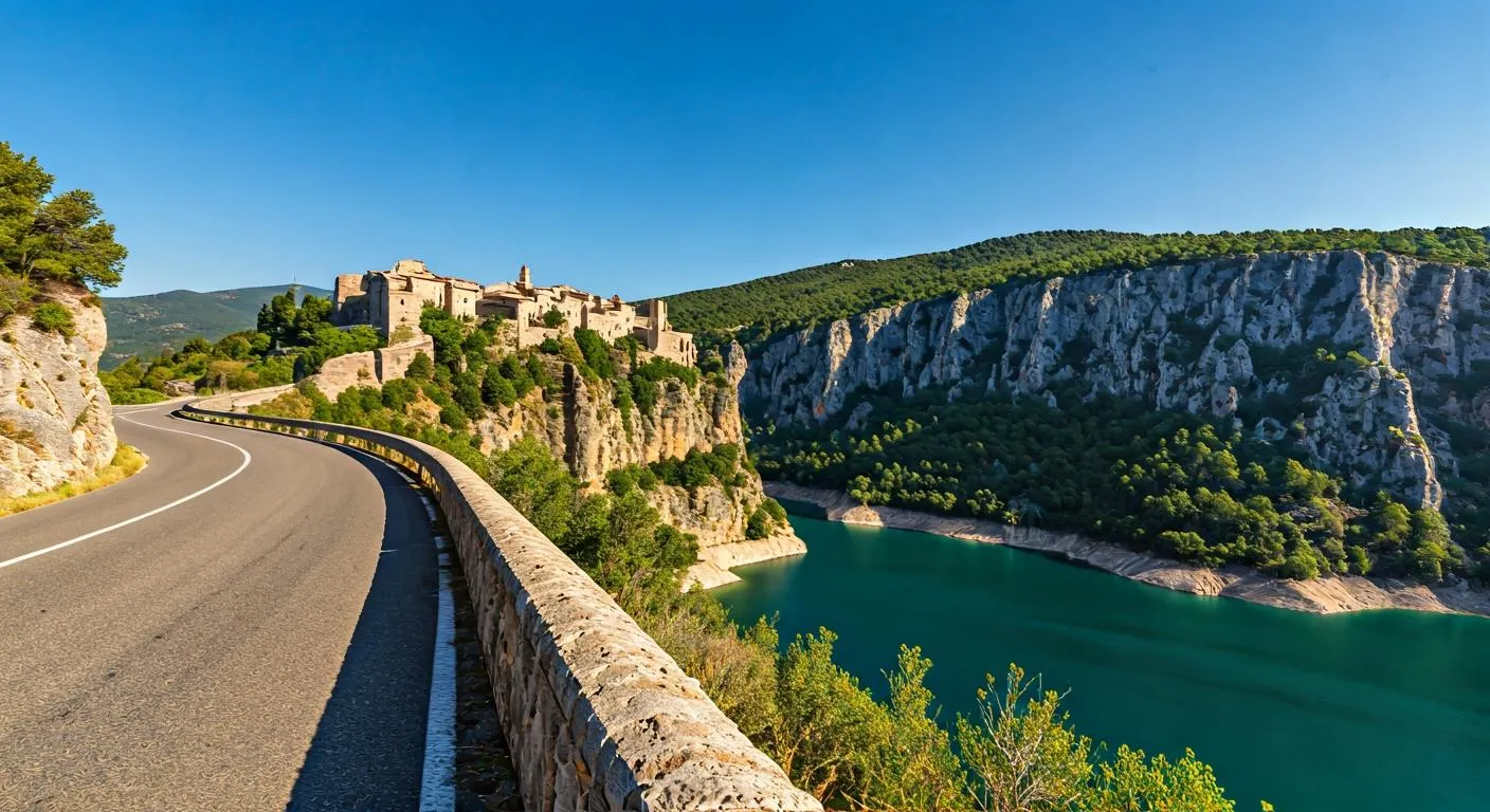 Carretera de montaña con curvas entre pinos mediterráneos y vistas al valle