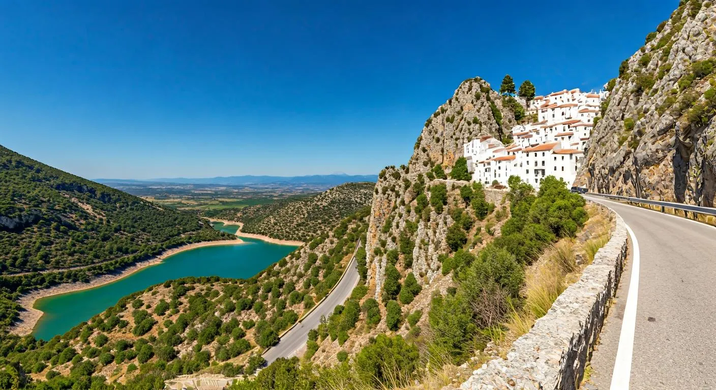 Vista panorámica del embalse turquesa de Guadalest desde la carretera de montaña
