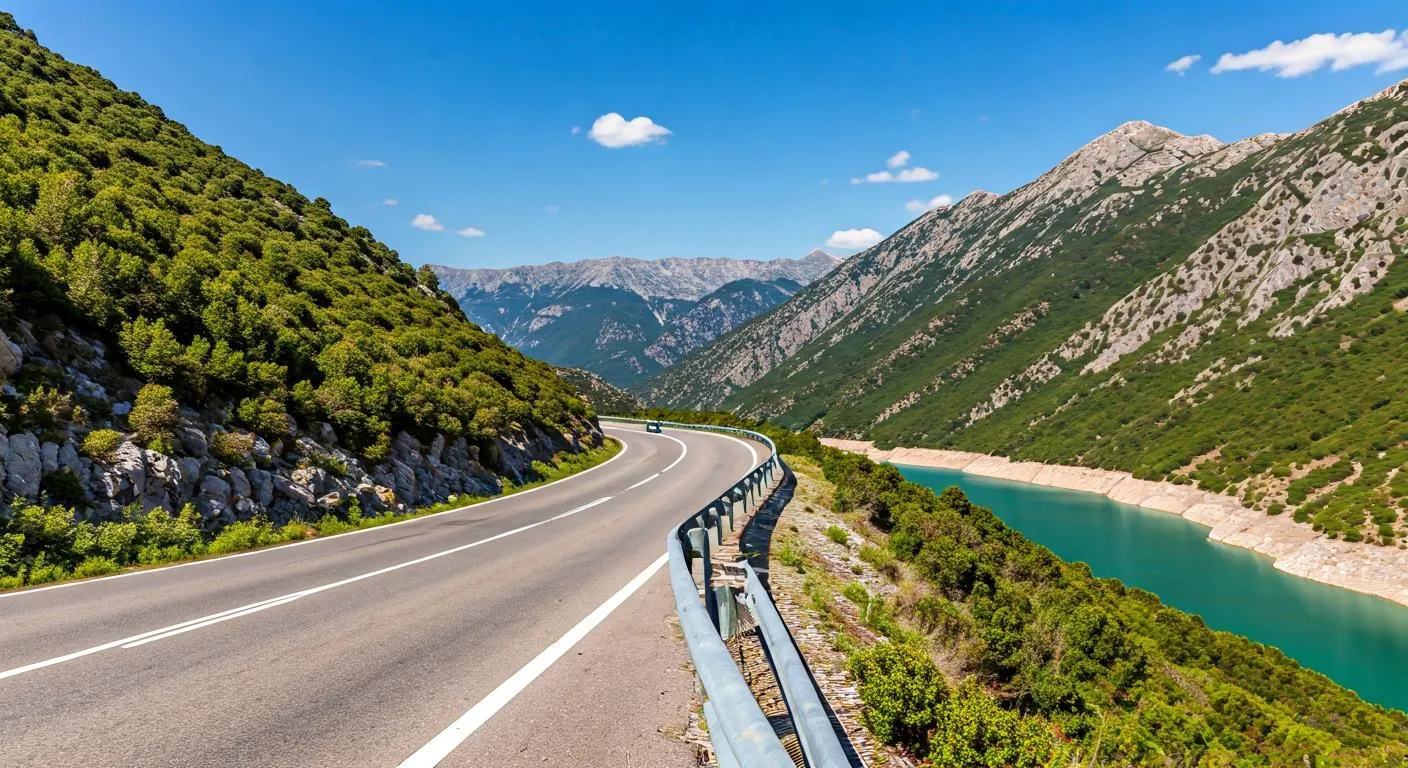 Carretera de montaña con vistas al valle y embalse turquesa de Guadalest