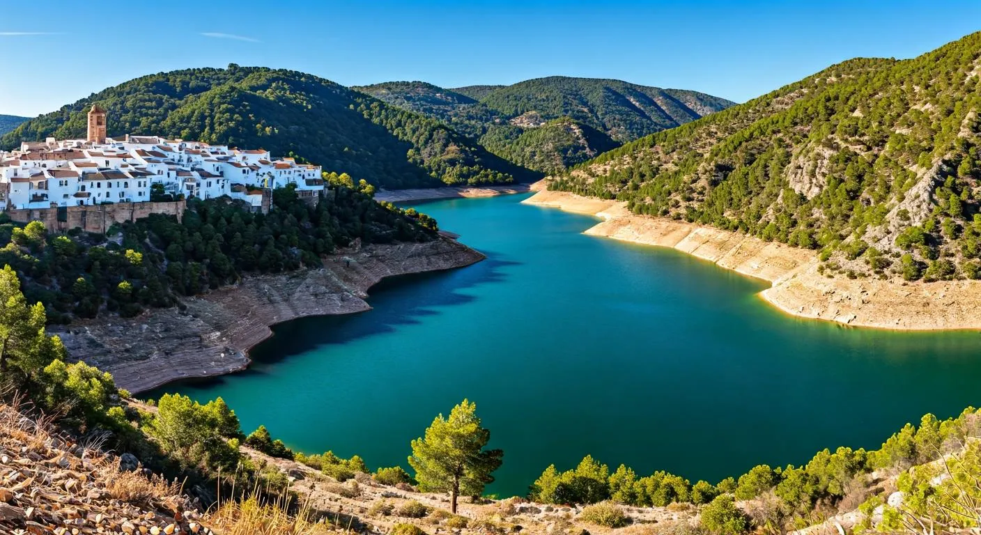 Vista del embalse de Guadalest desde la orilla con el pueblo colgado al fondo