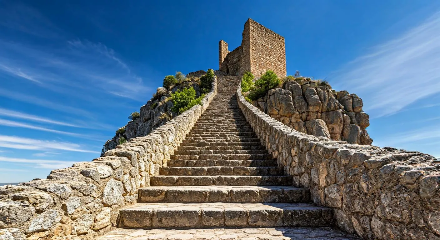 Escalones de piedra subiendo hacia la torre del castillo de Guadalest
