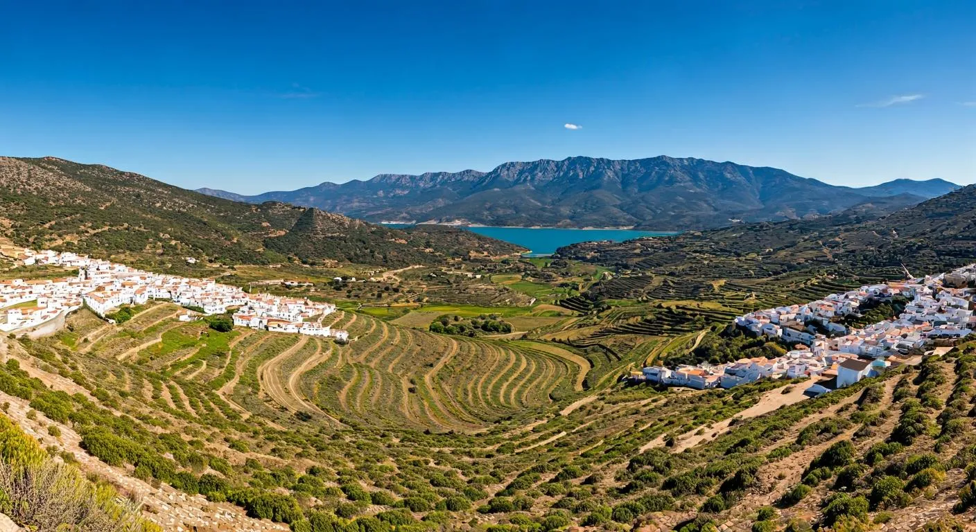 Panorámica del Valle de Guadalest rodeado de montañas con el embalse turquesa en el centro