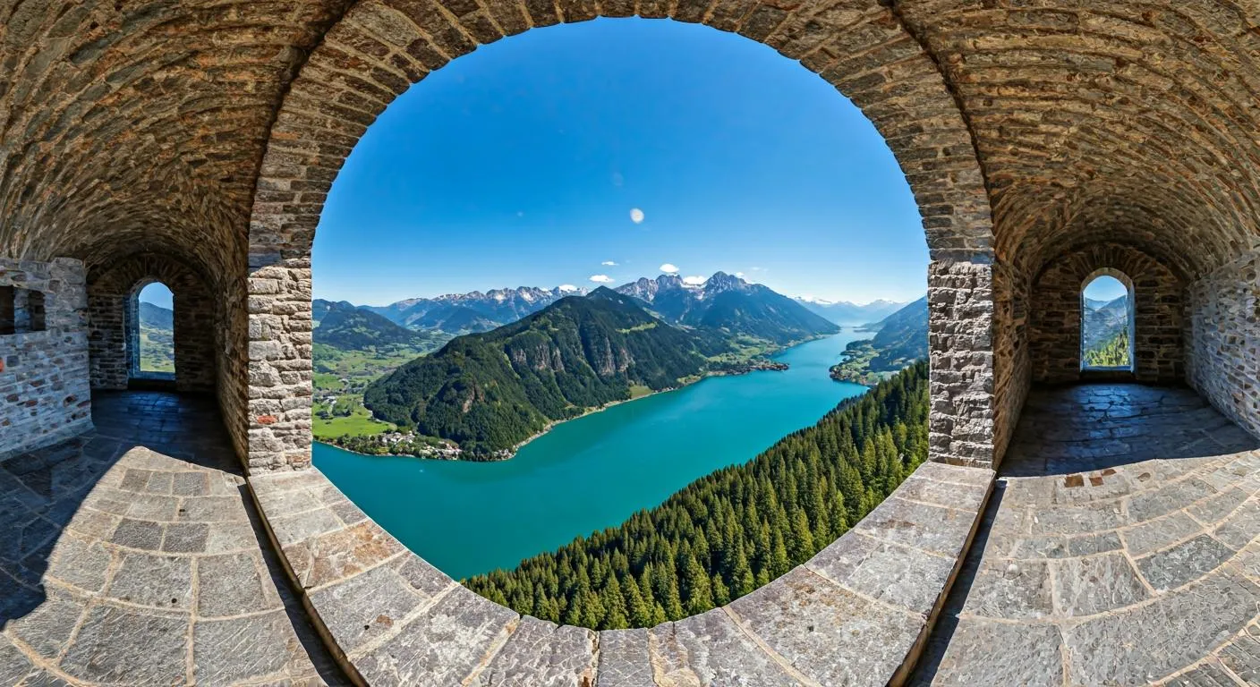 Vista panorámica desde la torre del castillo de Guadalest con embalse turquesa y montañas