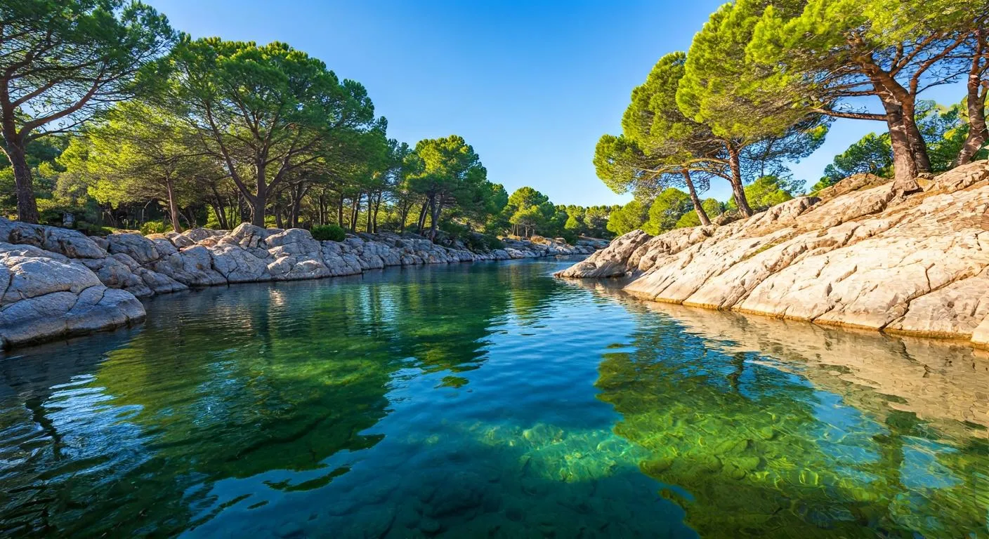 Poza natural de agua cristalina rodeada de vegetación verde exuberante