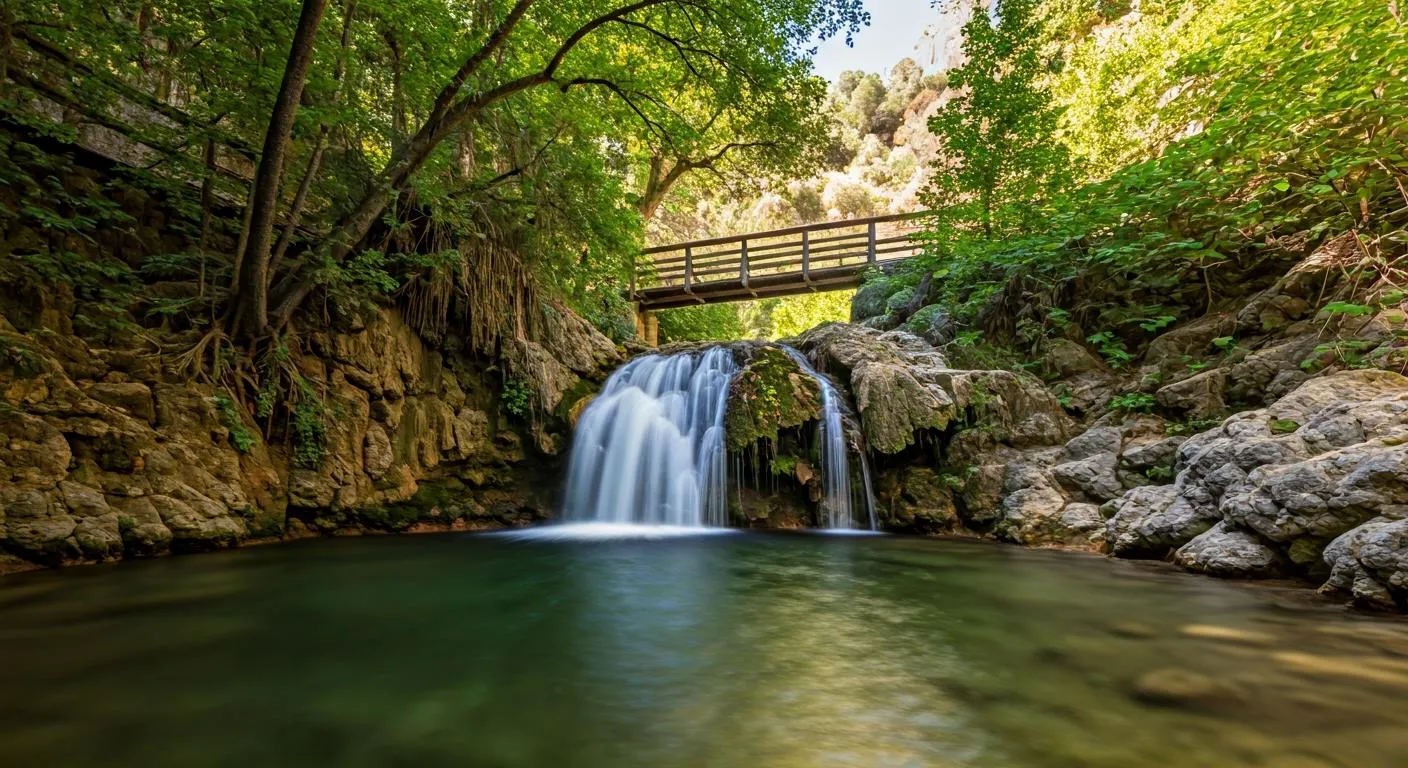 Niños explorando un sendero natural entre rocas y cascadas de agua cristalina
