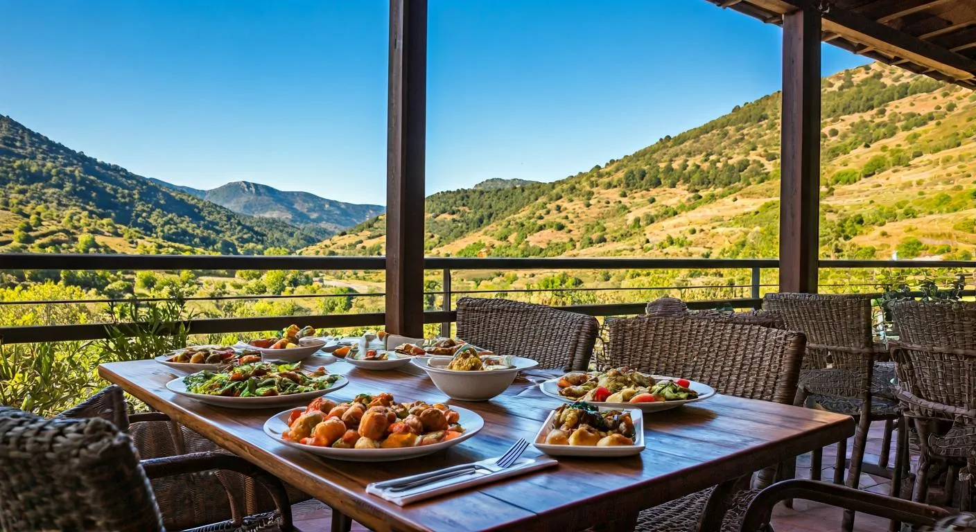Familia disfrutando de comida al aire libre en terraza con vistas a montañas