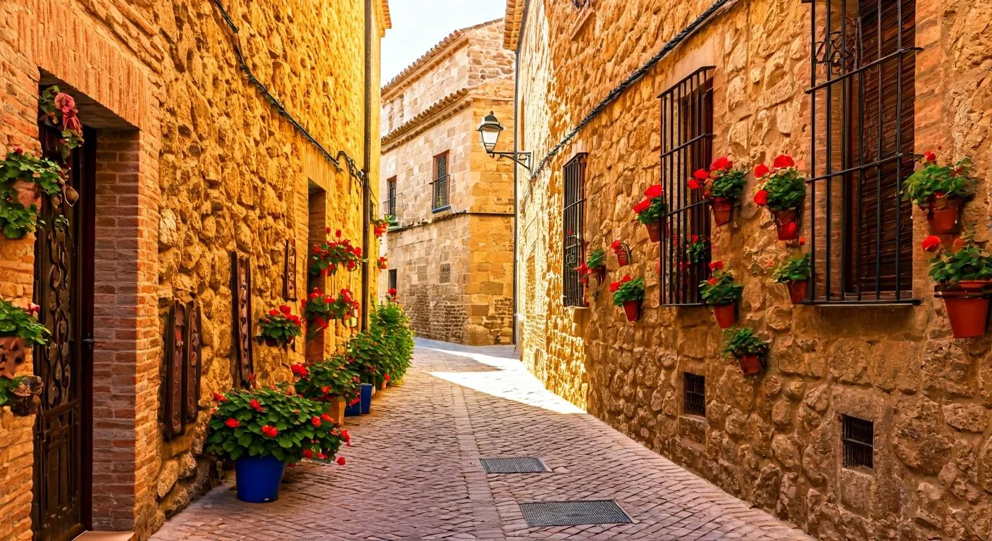 Calles empedradas de Guadalest con tiendas de artesanía y flores en las ventanas