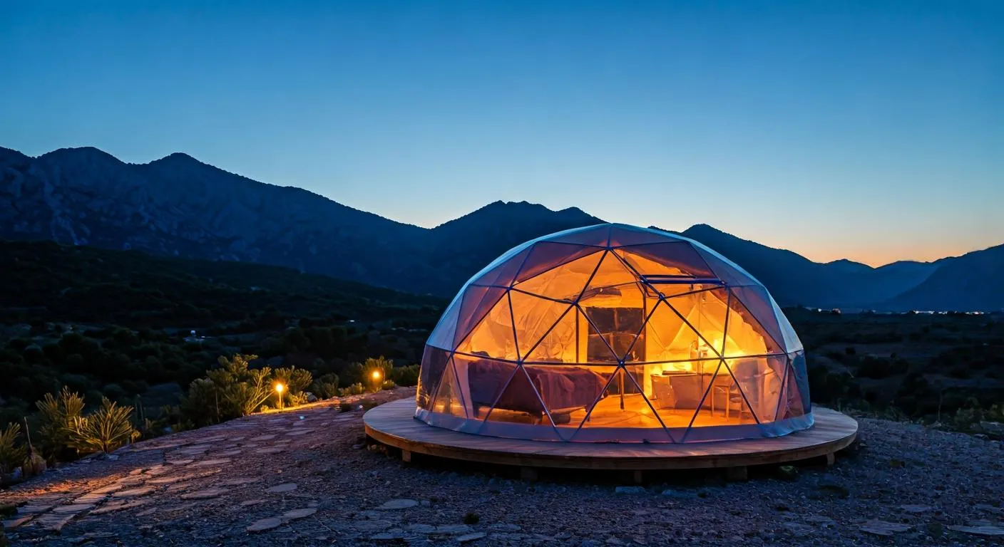 Burbuja transparente iluminada al atardecer con montañas de fondo en el Valle de Guadalest
