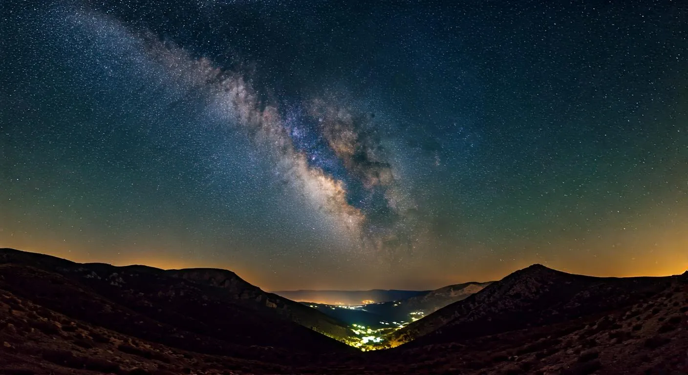 Cielo estrellado con Vía Láctea visible sobre paisaje de montañas mediterráneas