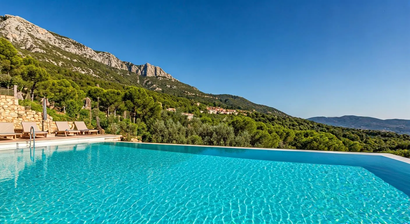 Piscina de casa rural con vistas a montañas del Valle de Guadalest