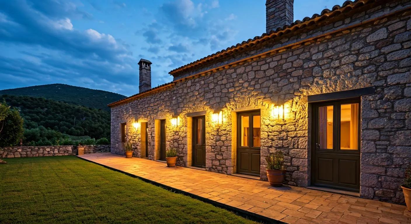 Casa rural de piedra rehabilitada con jardín y vistas al atardecer sobre montañas