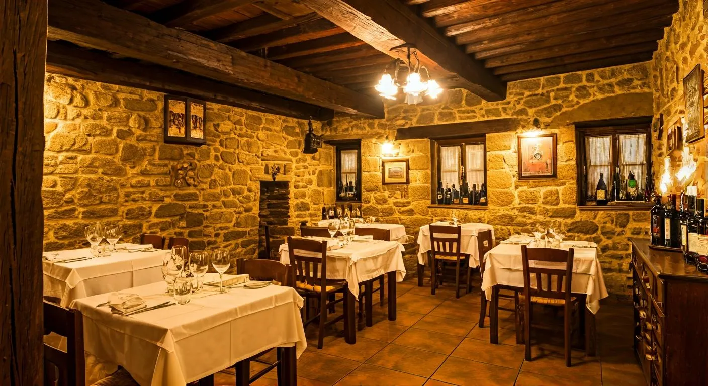 Interior acogedor de restaurante tradicional en pueblo de montaña español