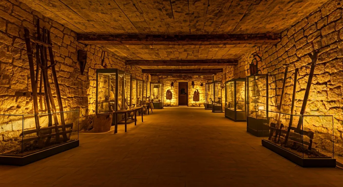 Interior rústico de museo etnológico con herramientas agrícolas antiguas y paredes de piedra