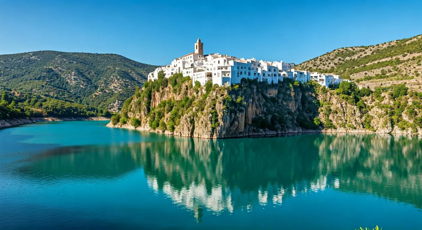 Embalse de Guadalest con aguas turquesas y el pueblo colgado en el peñasco al fondo