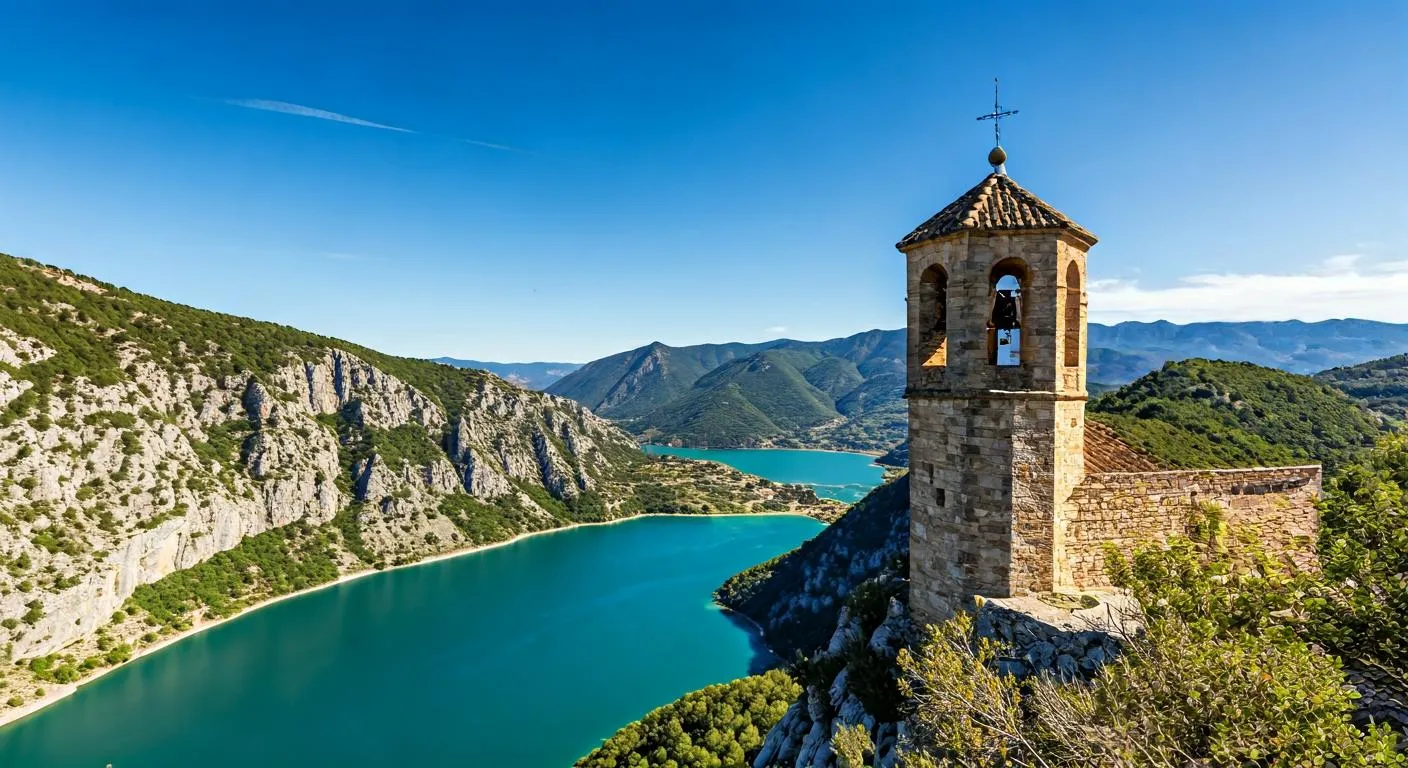 Campanario de Guadalest asomando sobre el precipicio con el embalse turquesa y montañas al fondo