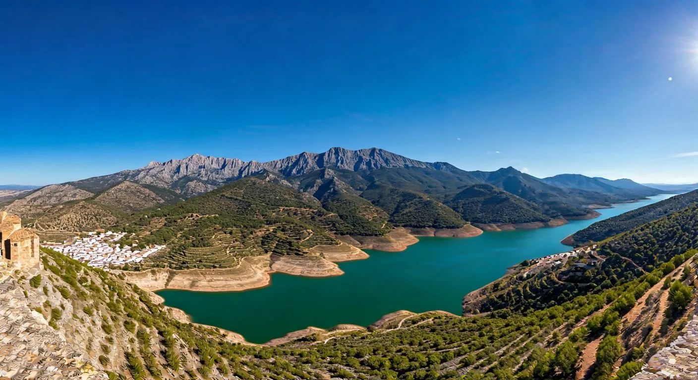 Vista de 360 grados desde la torre del castillo de Guadalest con el embalse y las montañas