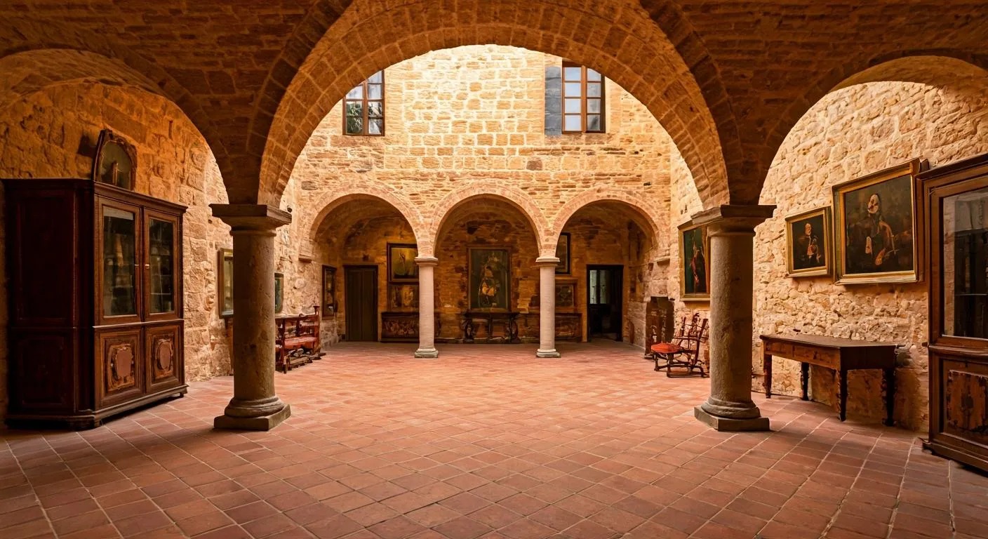 Interior del patio del Museo Casa Orduña con arcos de piedra y luz natural