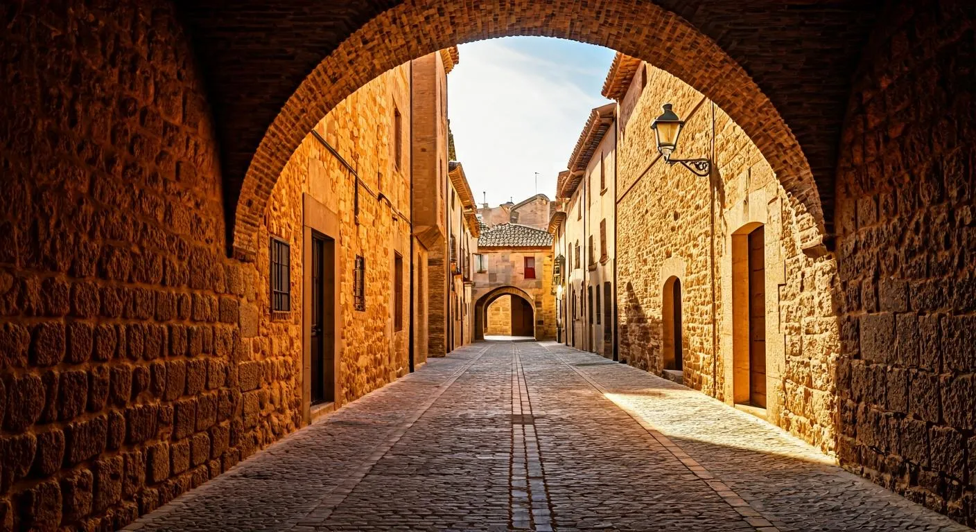 Vista del pueblo de Guadalest al amanecer con calles vacías y luz dorada