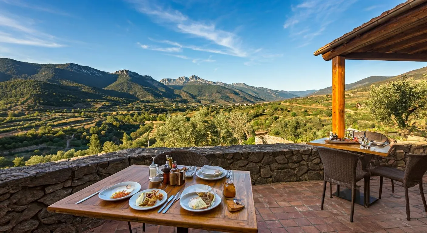 Terraza de restaurante en Guadalest con vistas al valle y las montañas