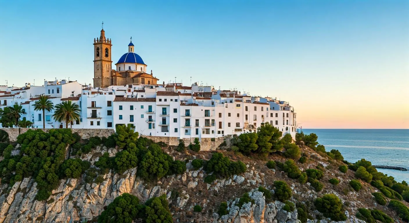 Casco antiguo de pueblo costero con cúpula azul de iglesia y vistas al mar Mediterráneo