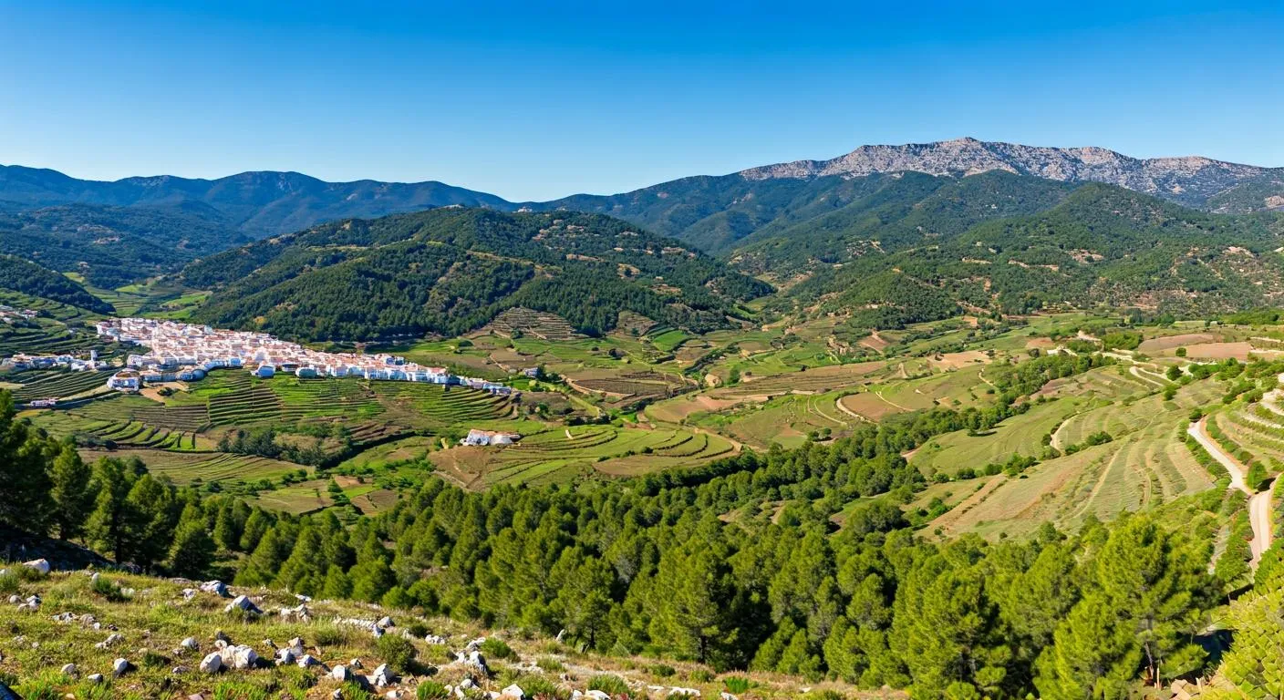 Valle verde con pueblos blancos entre montañas mediterráneas bajo cielo azul