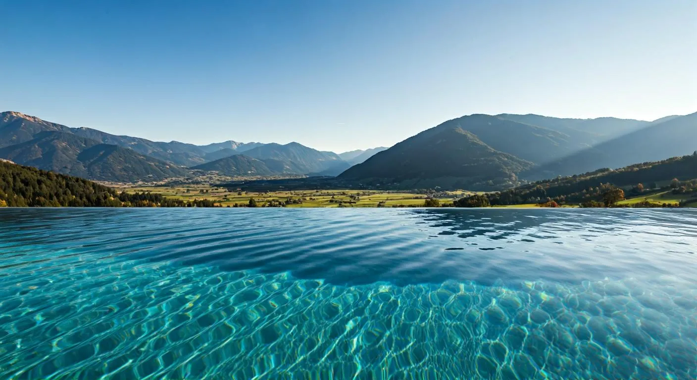 Piscina infinita con borde de agua fundiéndose con el horizonte del valle de montañas