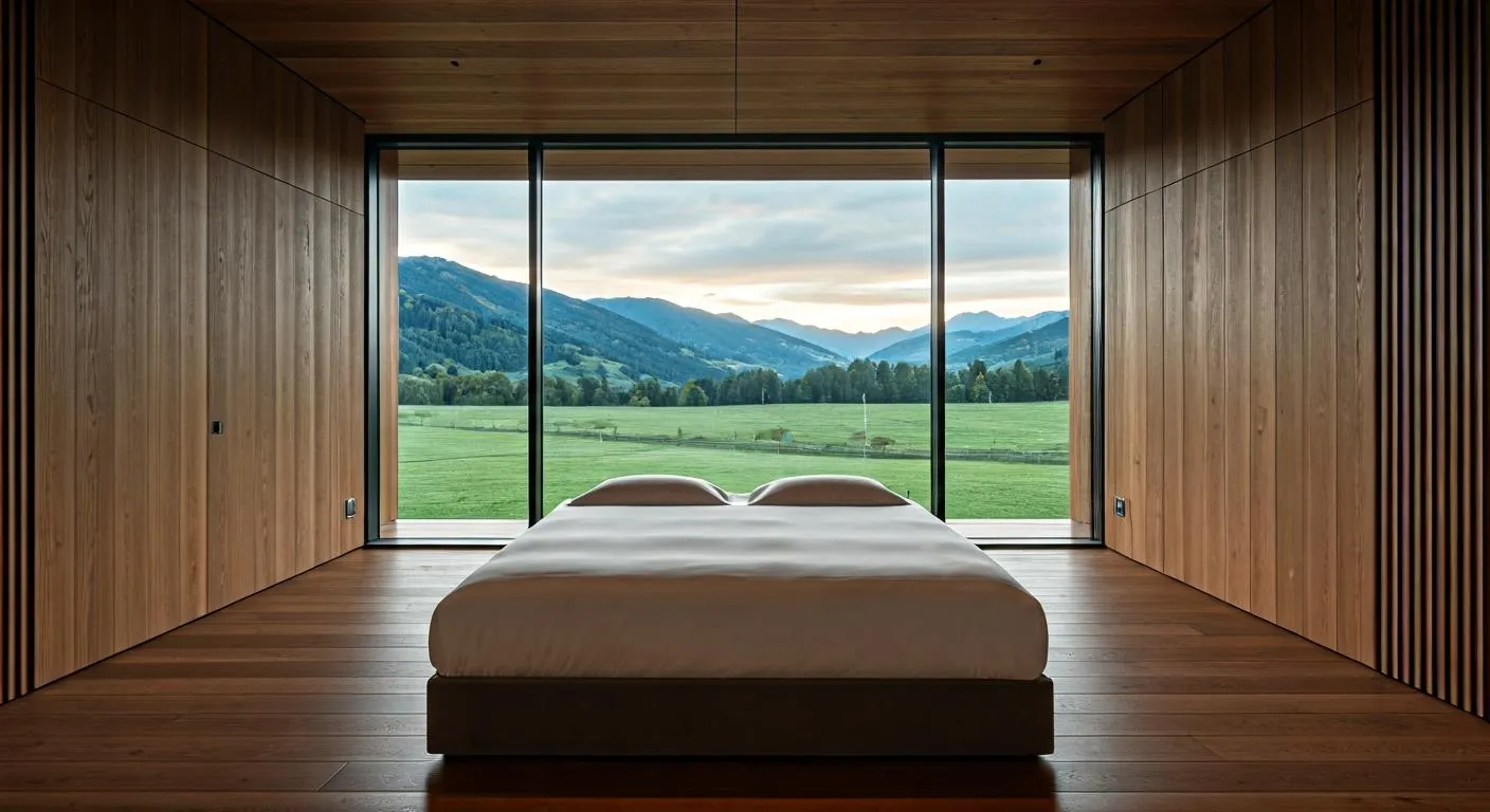 Suite minimalista de hotel con cristalera panorámica mirando al valle y las montañas al amanecer