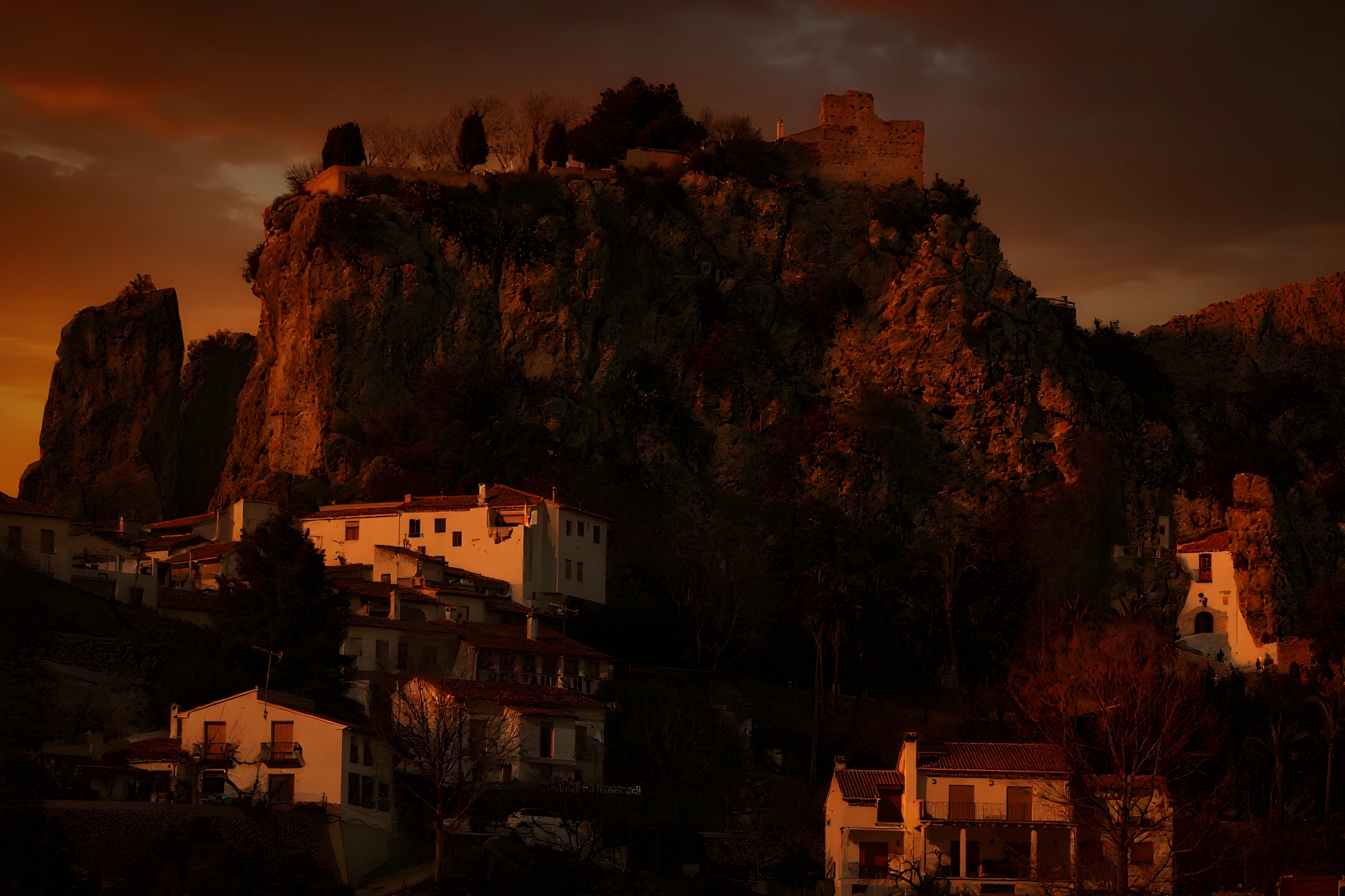 Valle de Guadalest con almendros y montanas al atardecer